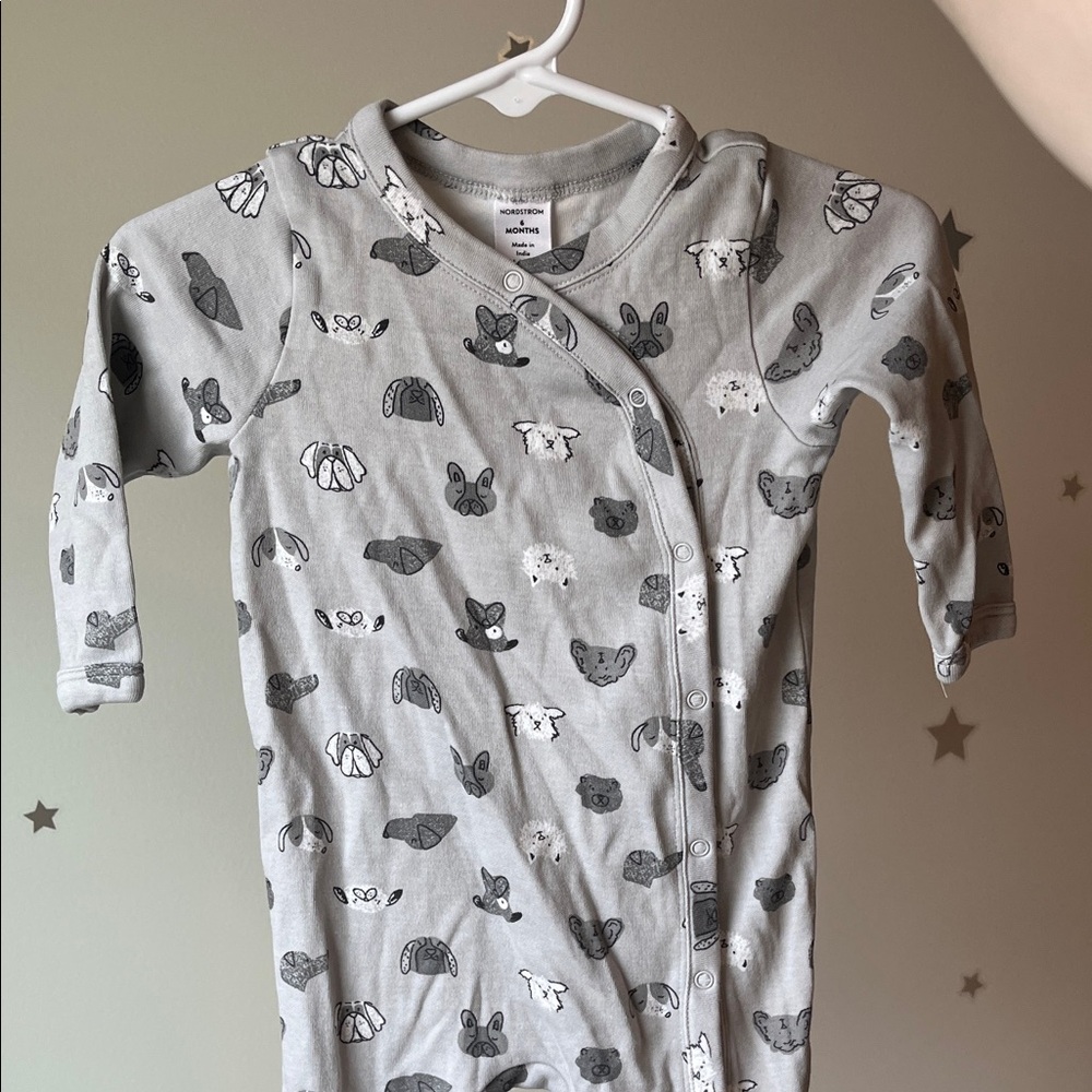 Like new Nordstrom Light Gray Baby Onesie with puppies Design